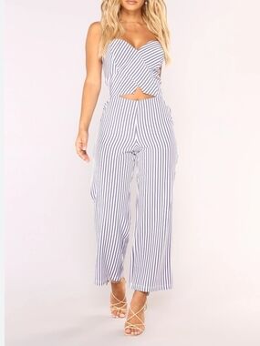 Justify Navy and White Striped Cutout Wide-Leg Jumpsuit Size S